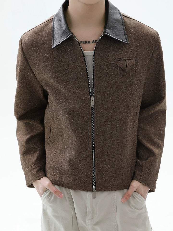 Leather Splicing Lapel Zipper Jacket