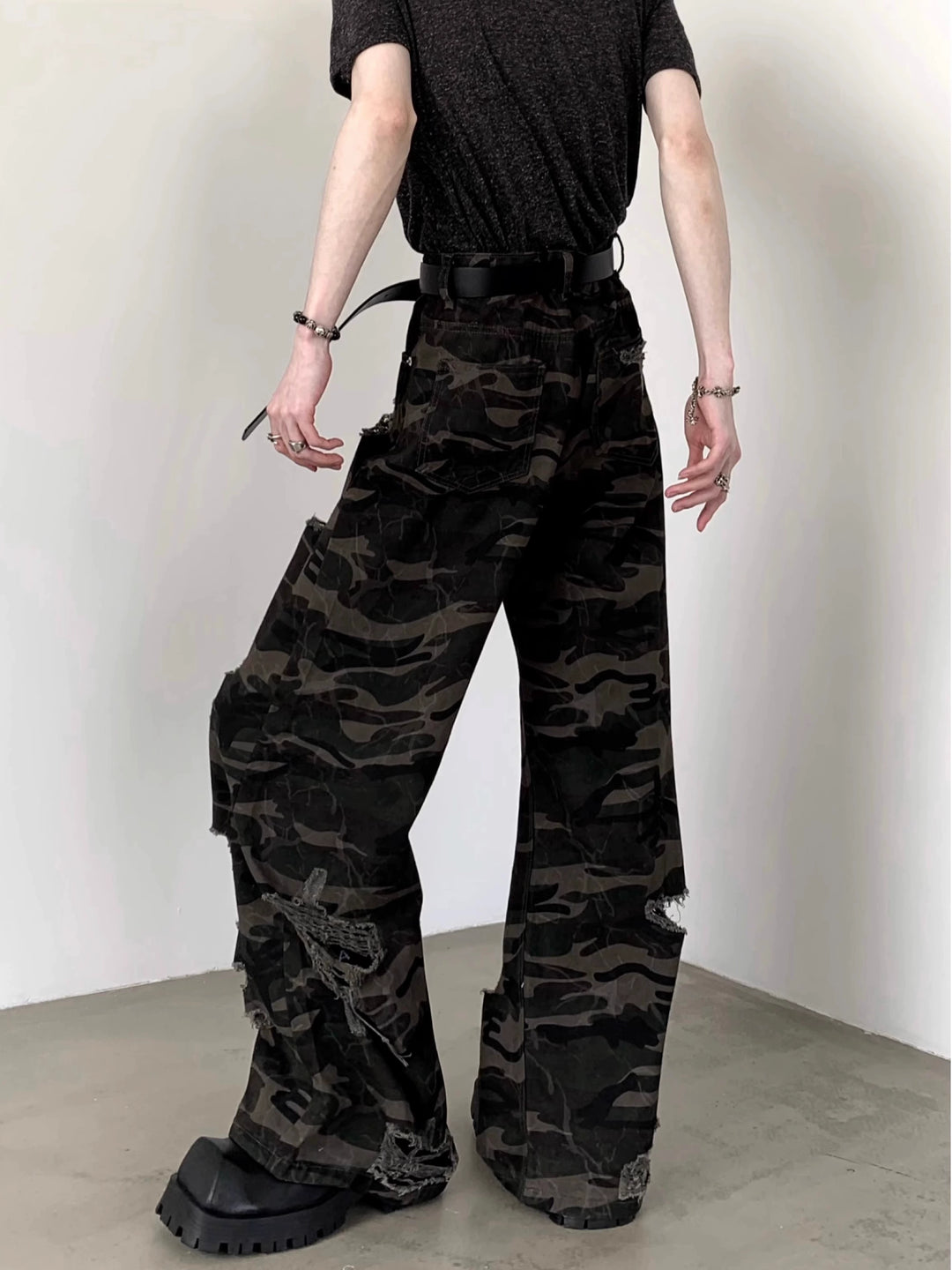 Ripped Camouflage Wide-Leg Jeans