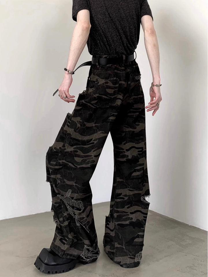 Ripped Camouflage Wide-Leg Jeans