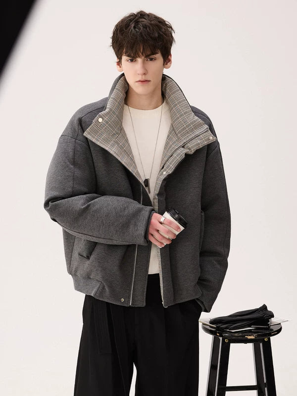 Plaid Lined Puffer Jacket Short Coat