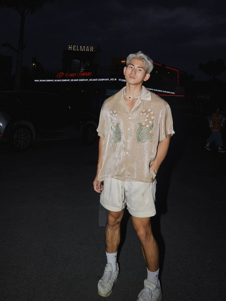 Camisa Casual de Manga Curta Retro Bordada com Floral 