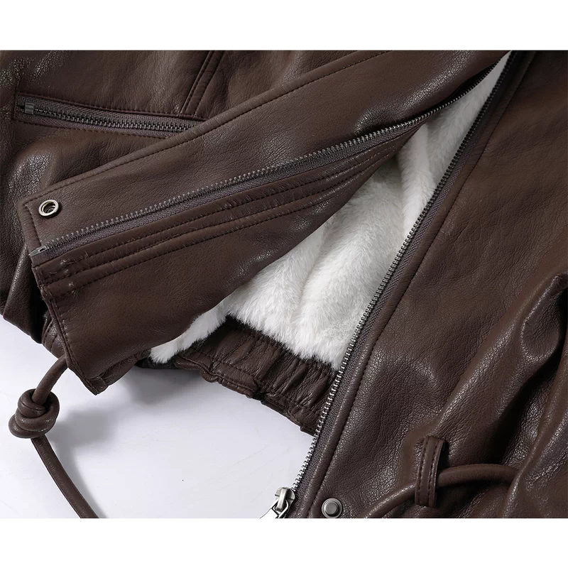 Fur Collar Fleece-Lined Leather Jacket