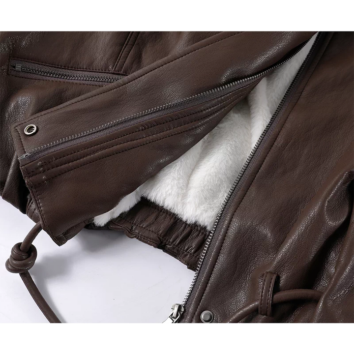 Fur Collar Fleece-Lined Leather Jacket