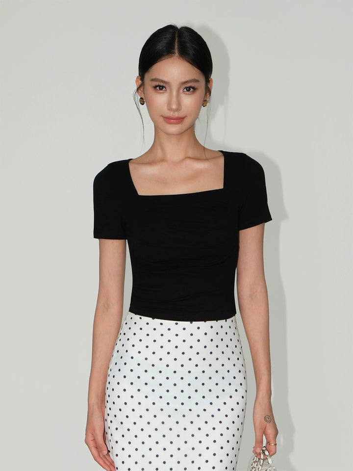 Square Neck Pleated Slim Fit T-shirt