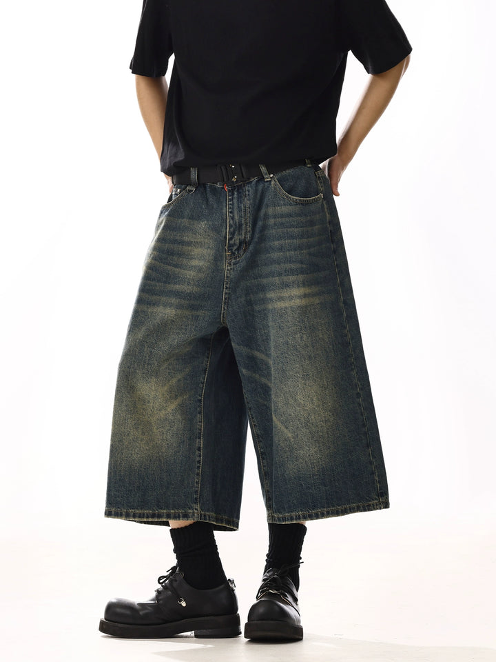 Washed Denim Wide-Leg Cropped Pants
