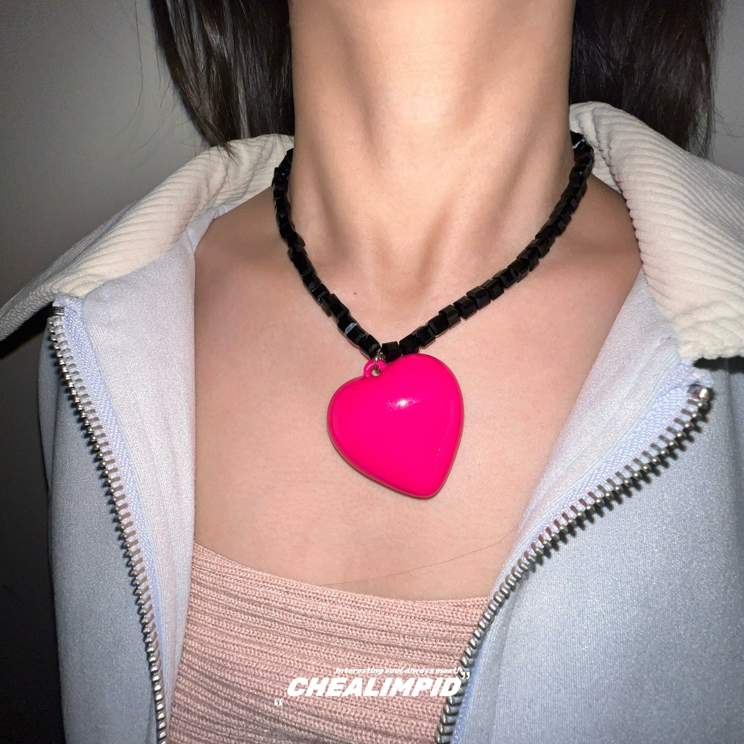 Beaded Acrylic Heart Pendant Necklace