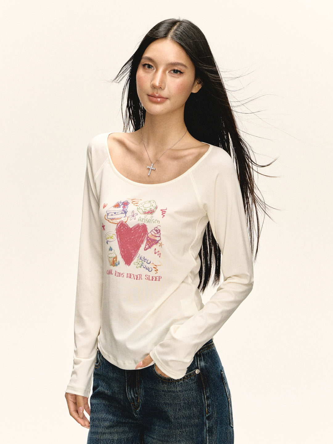 Grafisk U-hals långärmad T-shirt 