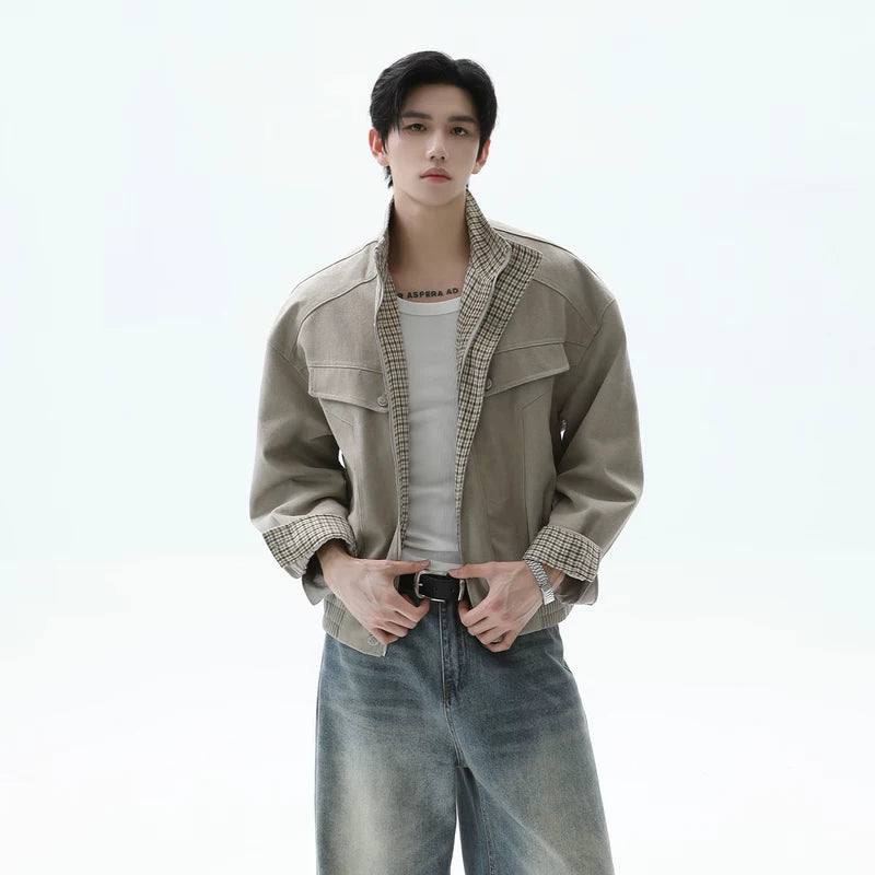 Linen Plaid Patchwork Short Collar Jacket