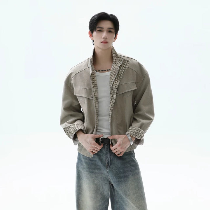 Linen Plaid Patchwork Short Collar Jacket