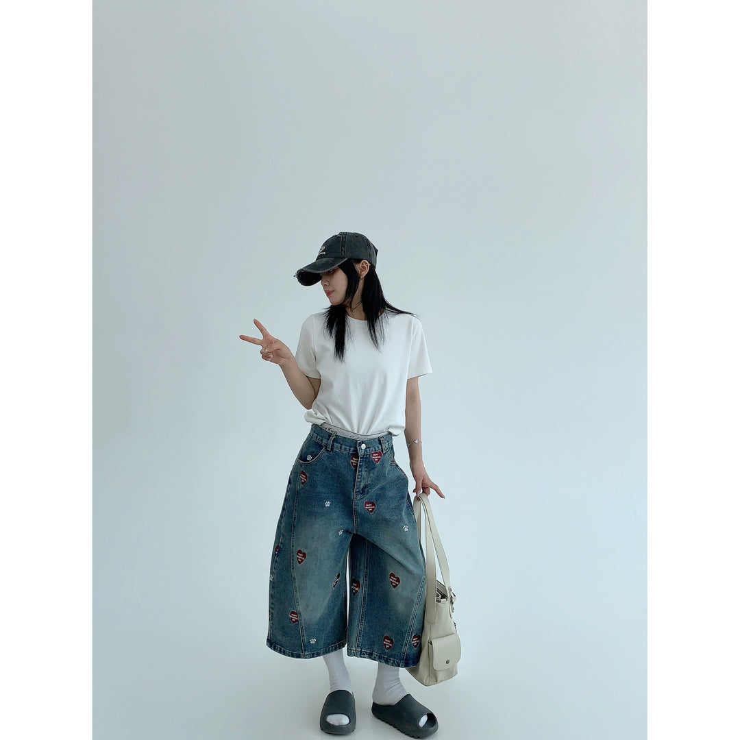 Distressed Embroidered Cropped Wide Leg Pants
