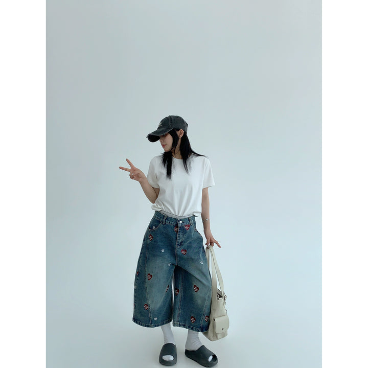 Distressed Embroidered Cropped Wide Leg Pants