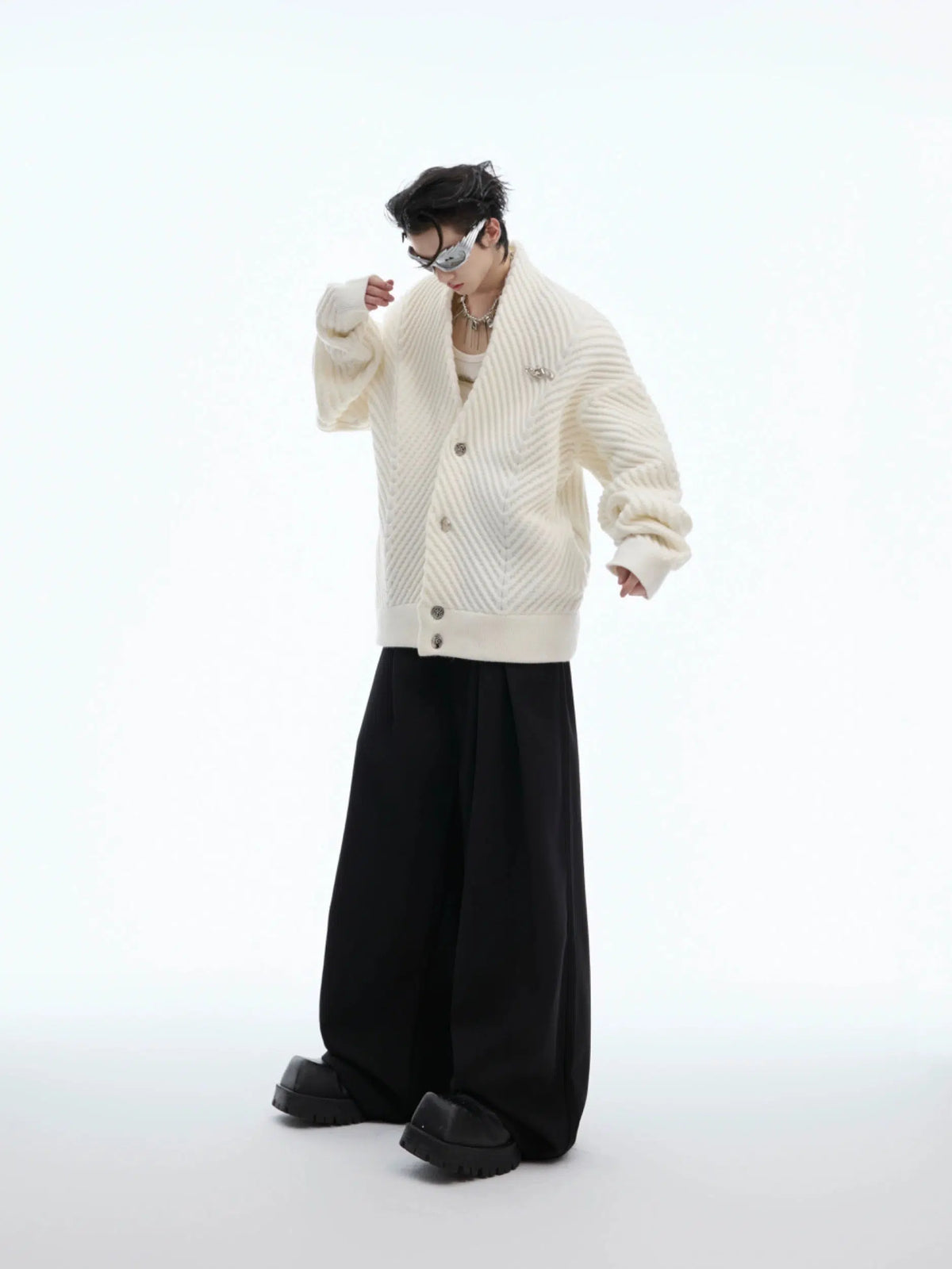 Pleated Knit V-Neck Cardigan