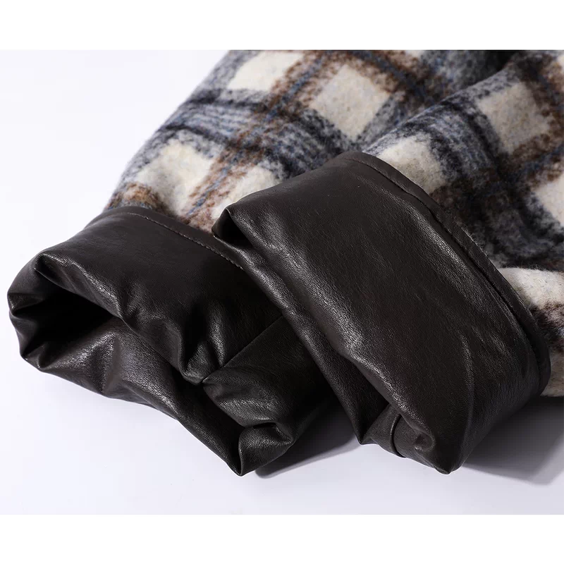 מעיל צמר משובץ עם שרוולים מעור וצעיף 