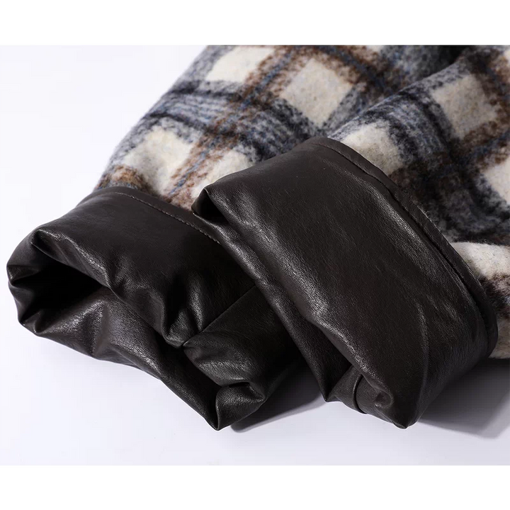 מעיל צמר משובץ עם שרוולים מעור וצעיף 