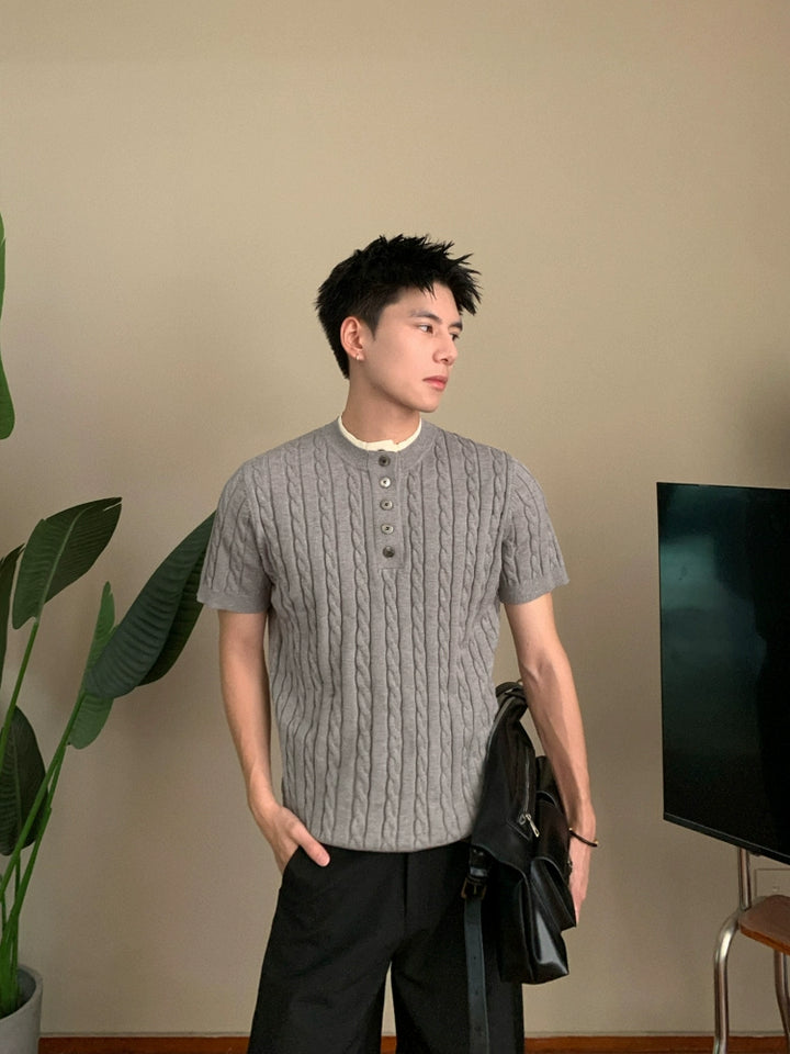 Kabelgebreide korte mouw knoop pullover 