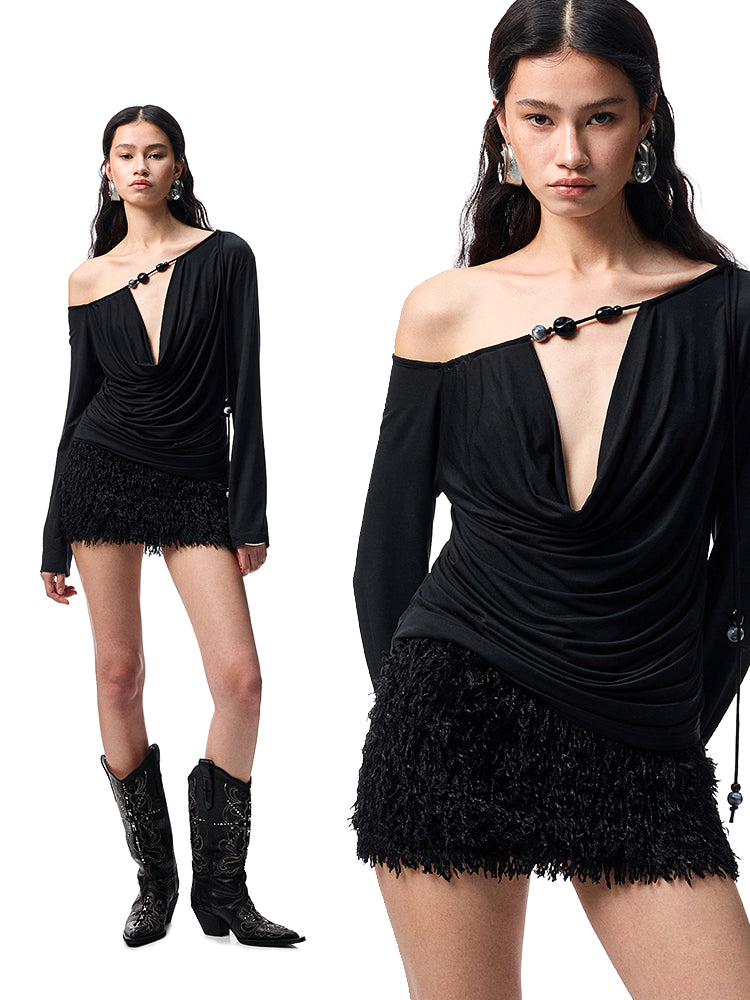 Beaded Off-Shoulder Pleated Knit Blouse