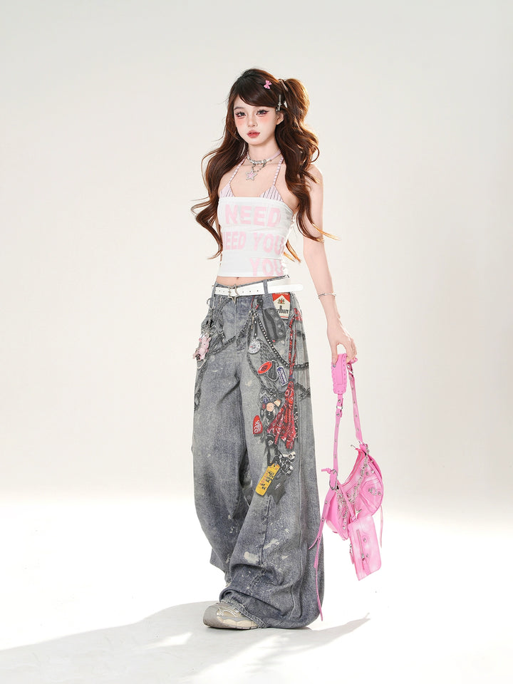 Wide Leg Graphic Print Street Pants