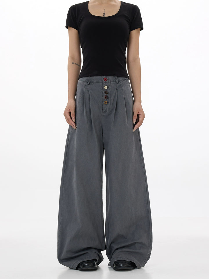 Wide Leg Buttoned Casual Vintage Pants