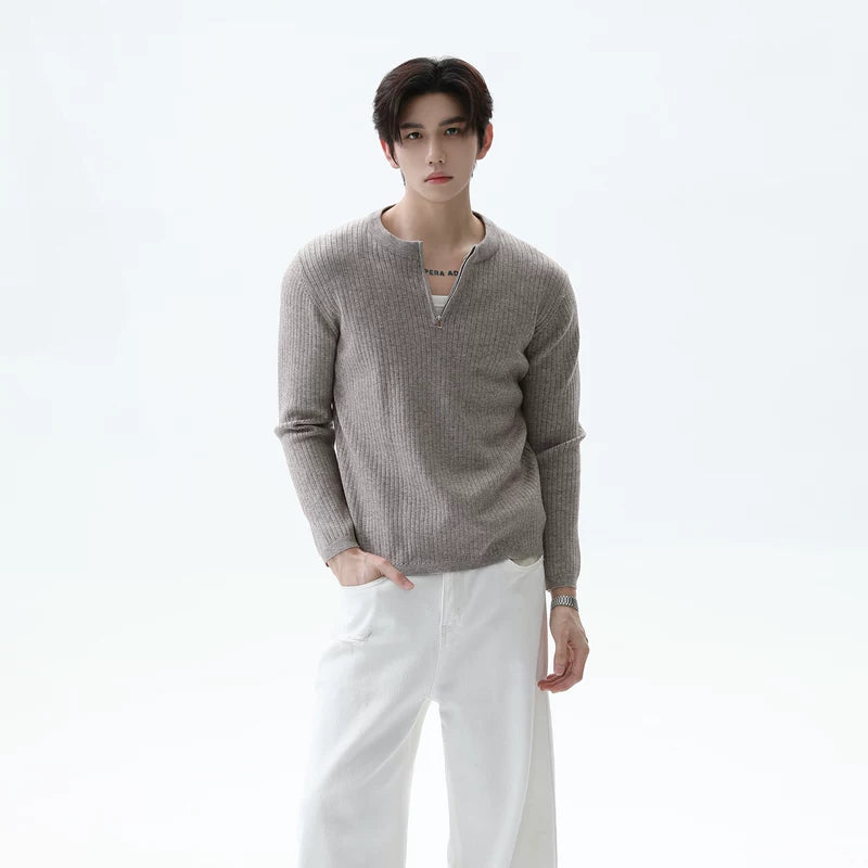 Half-Zip Ribbed Knit Stand Collar Sweater