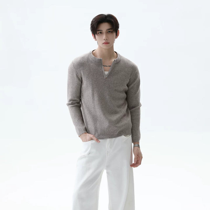Half-Zip Ribbed Knit Stand Collar Sweater