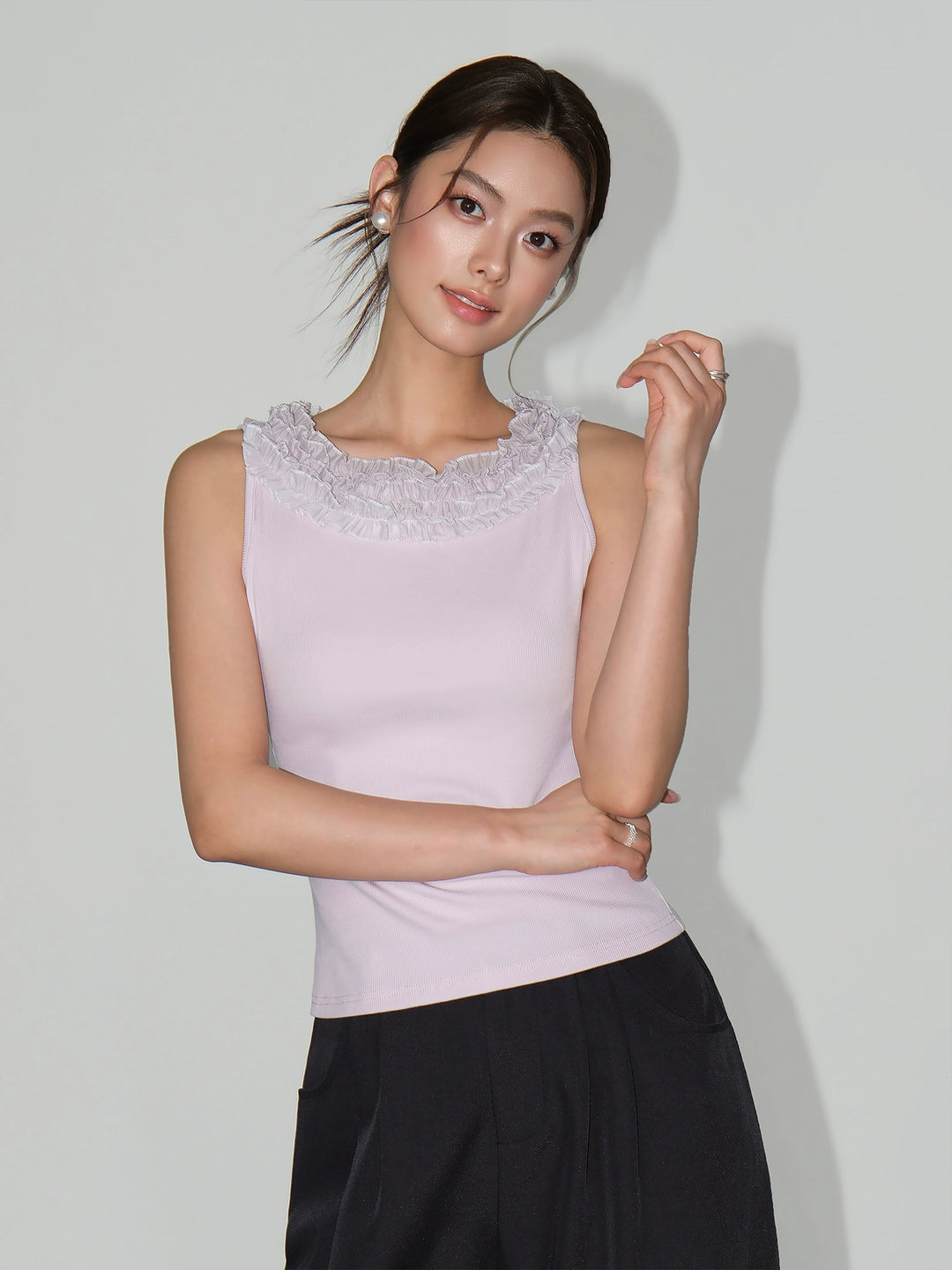 Ruffle Neck Lace Knit Sleeveless Top