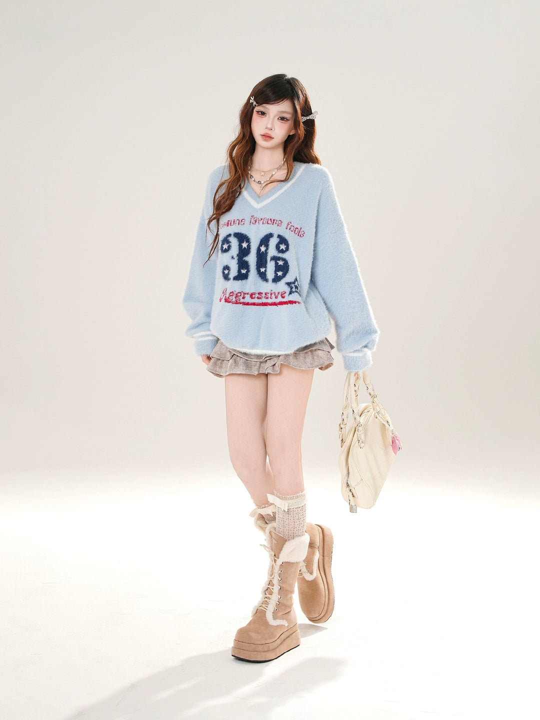 V-neck Off-Shoulder Fleece Sweatshirt