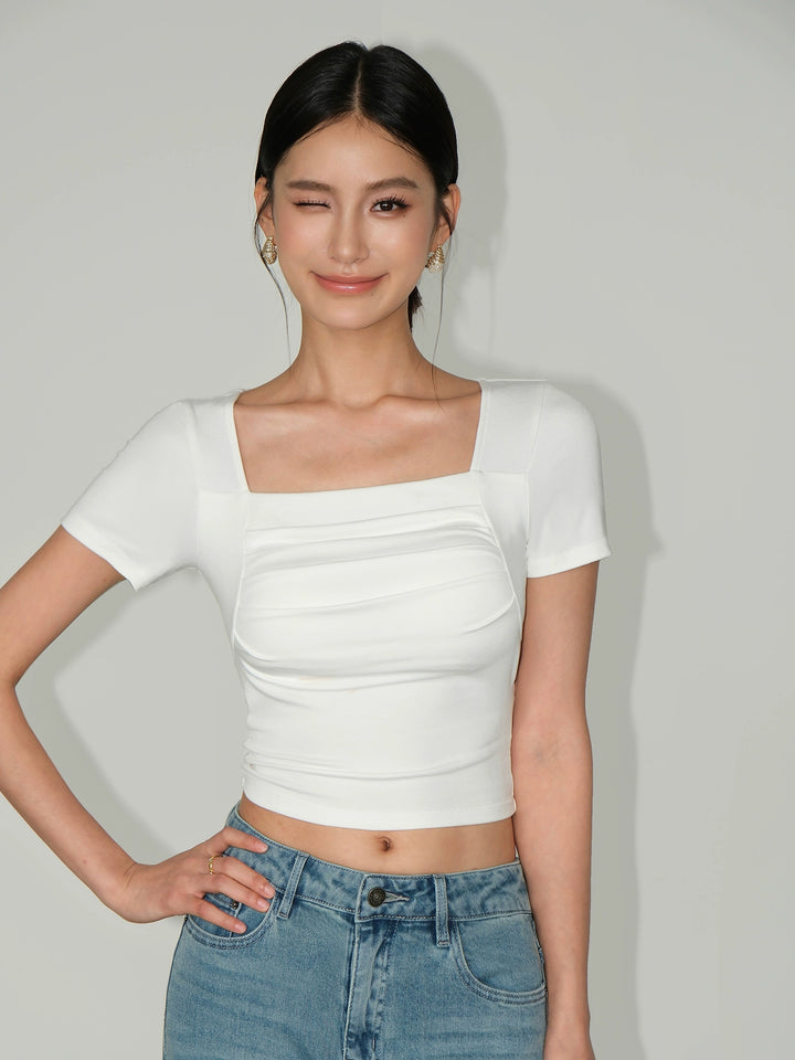 Square Neck Pleated Slim Fit T-shirt