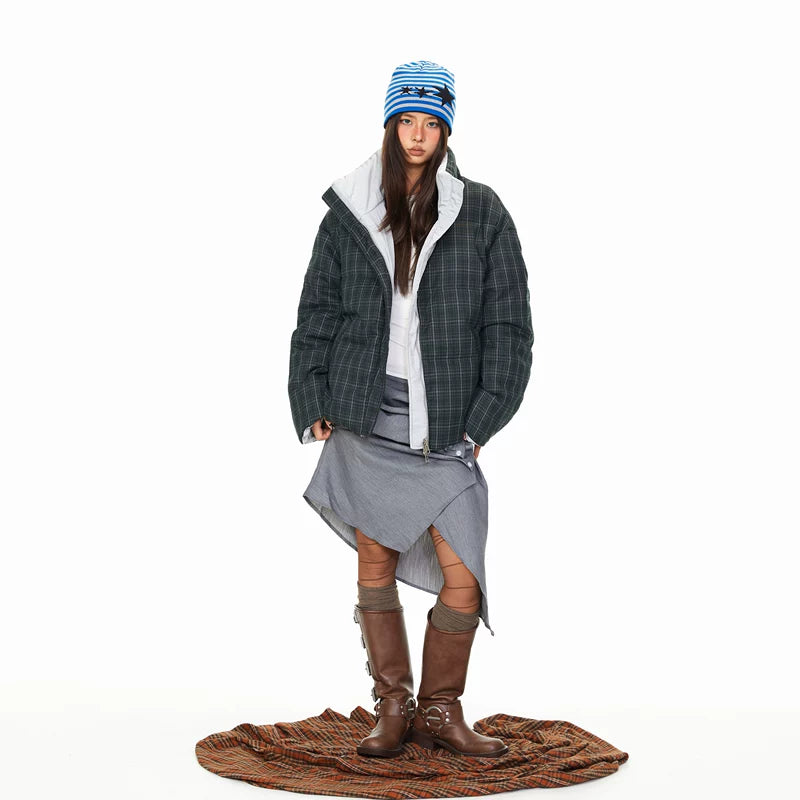 Plaid Reversible Stand Collar Down Jacket