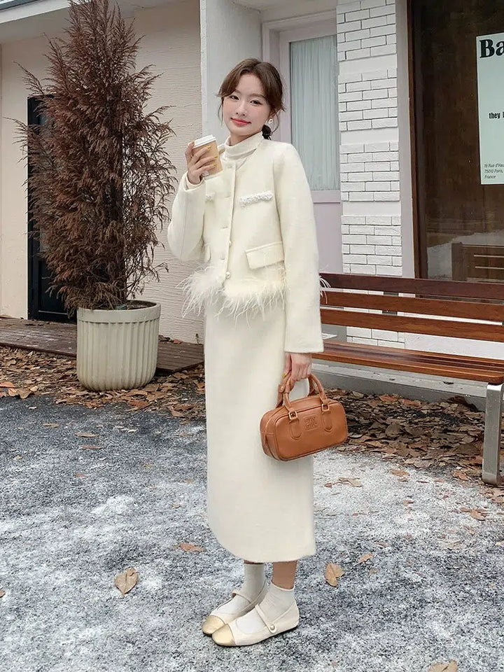 Winter Feather Accent Skirt Suit Set