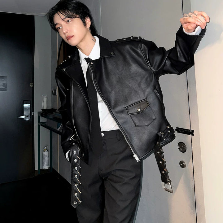 Buckle Detail Motorcycle Leather Jacket