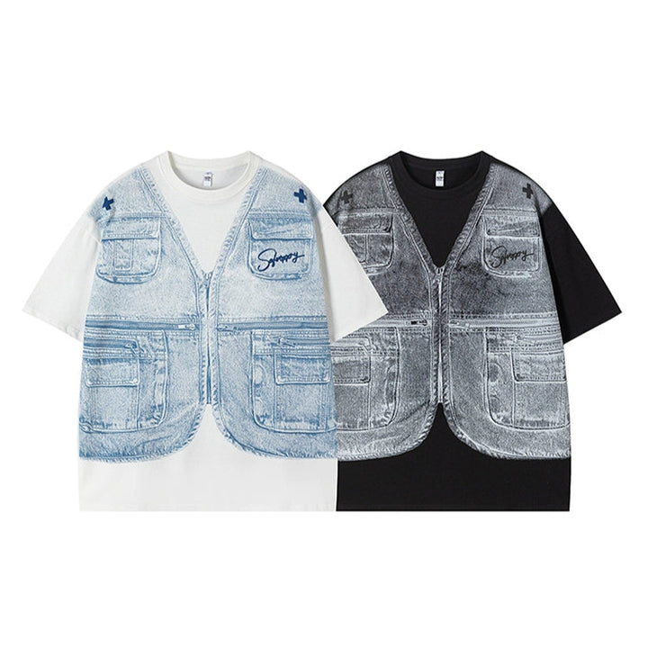 Vest Print Rund Hals Løs T-Shirt 