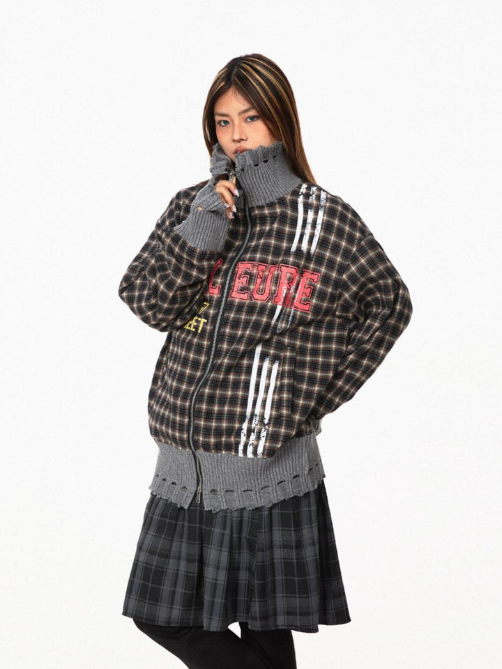 Plaid Stand-Up Collar Knitted Jacket
