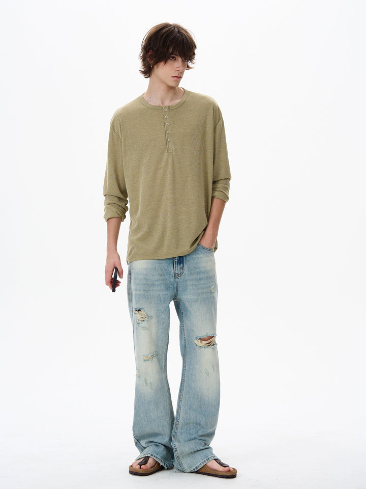 Chemise à manches longues en tricot à col Henley 
