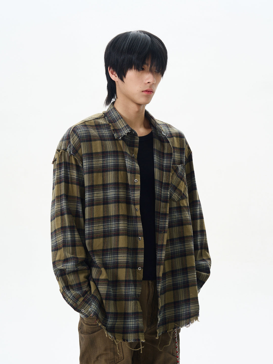 Camicia lunga a maniche larghe a quadri retro 