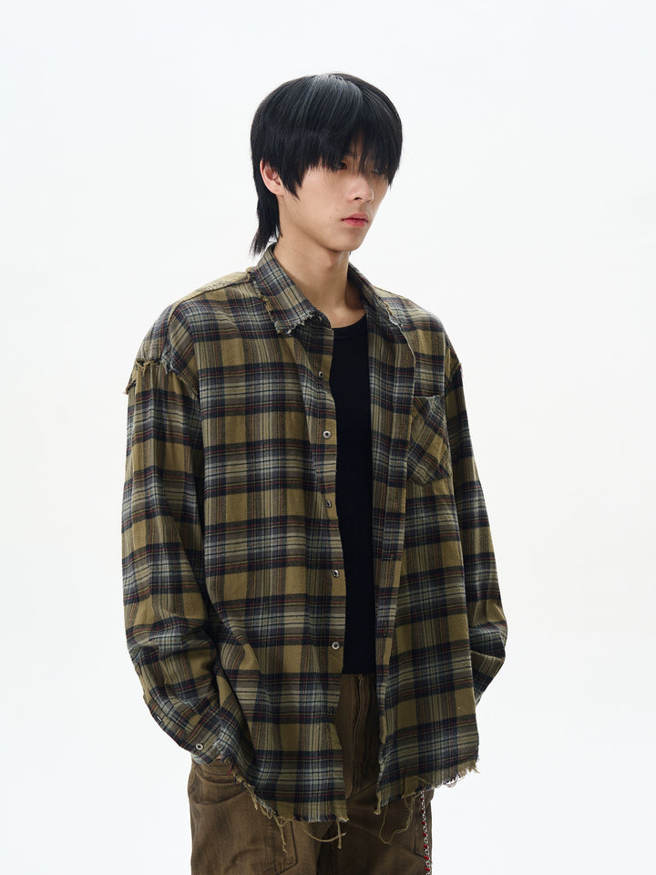 Camicia lunga a maniche larghe a quadri retro 