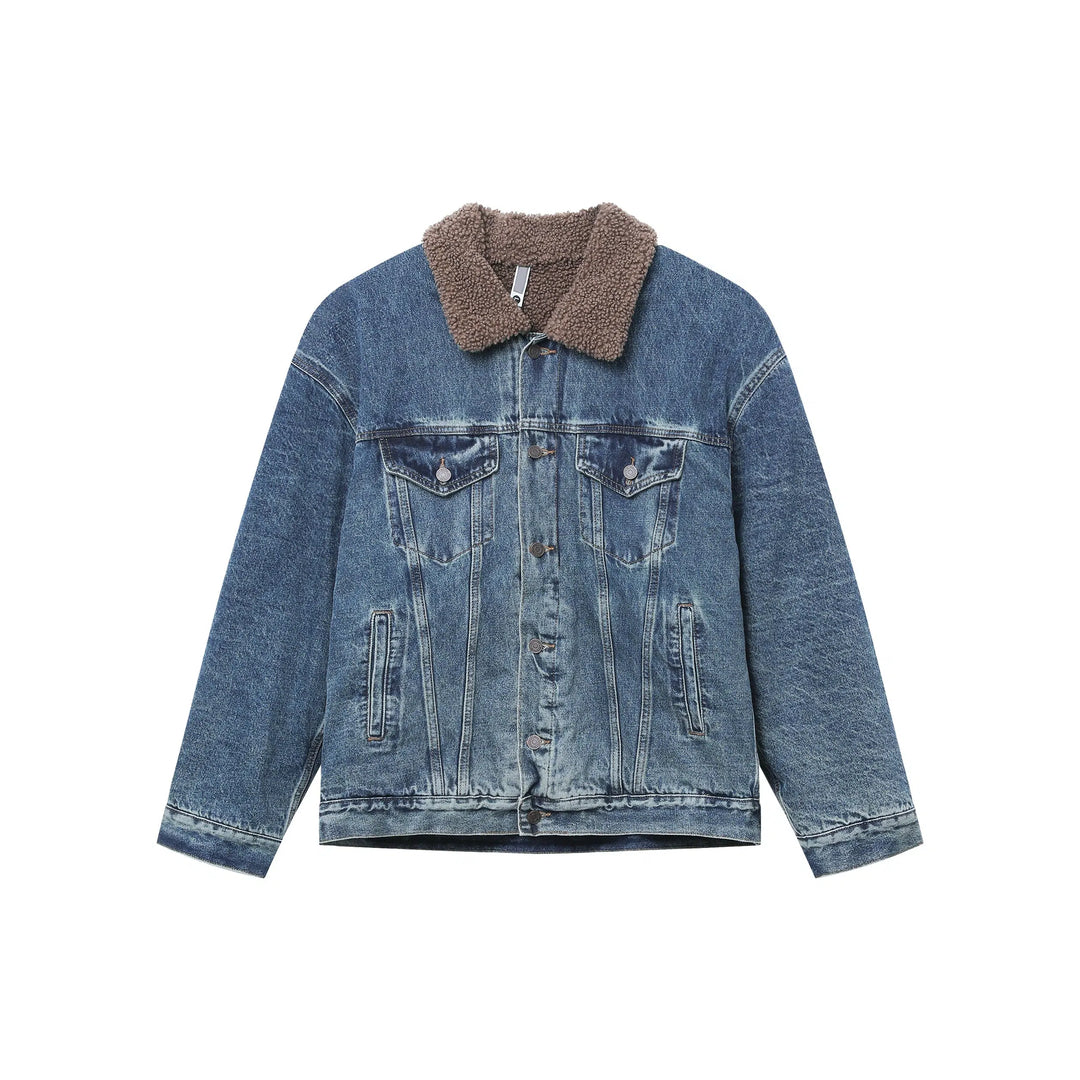 Distressed Lambskin Lapel Denim Jacket