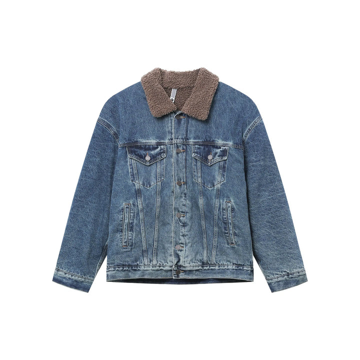 Distressed Lambskin Lapel Denim Jacket