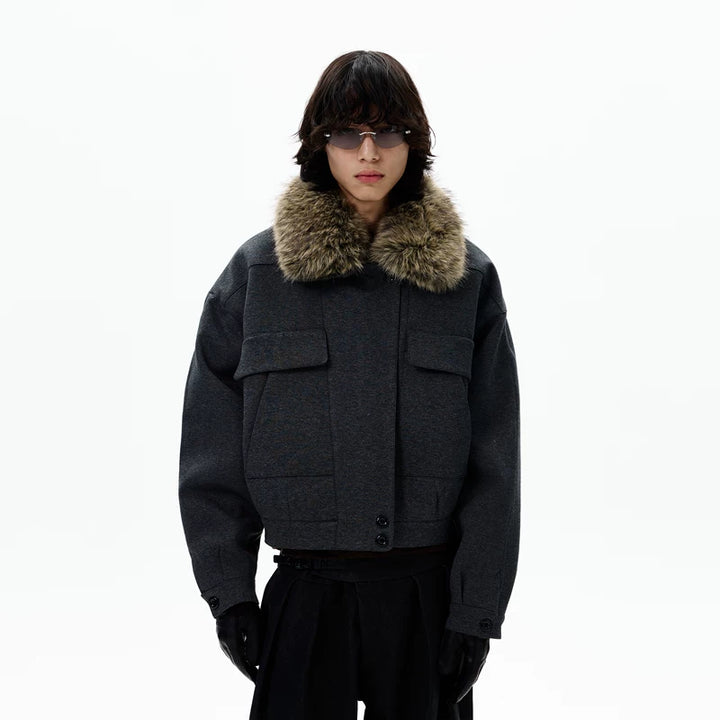Jaqueta de Lã Retro com Gola de Pele Destacável 