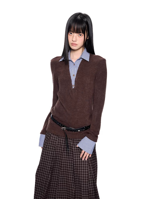 Felpa a maglia a due pezzi finta a strati a quadri 