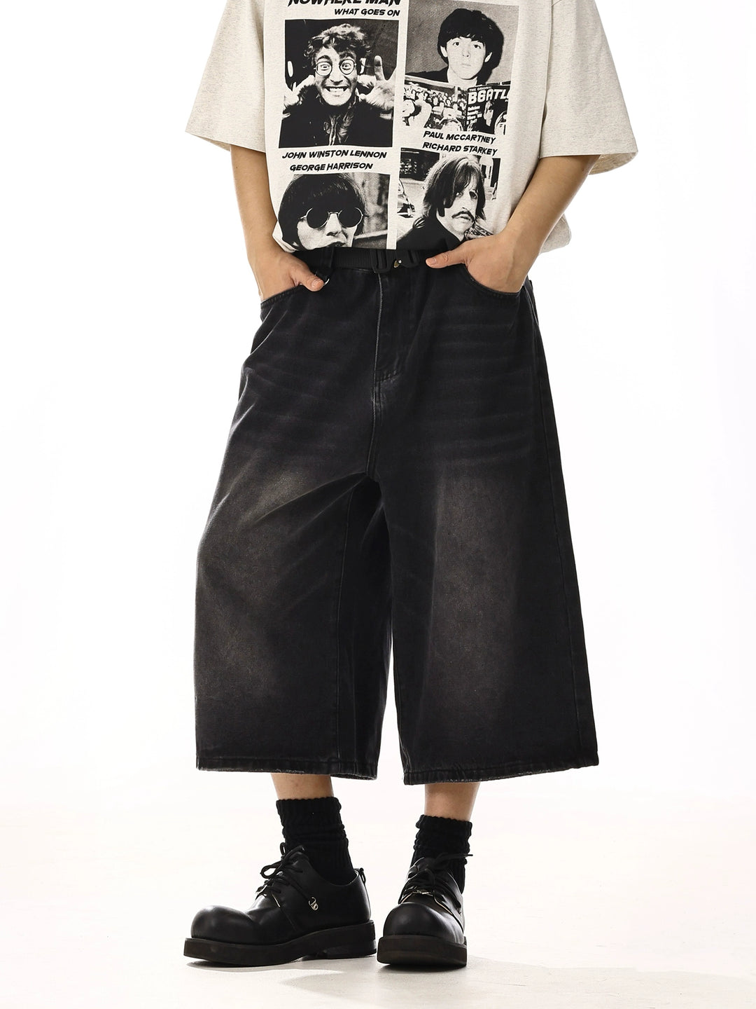 Distressed Wide-Leg Cropped Denim Pants
