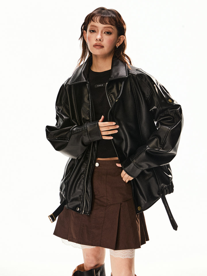 Oversized Fit Leather Motorcycle Jacket