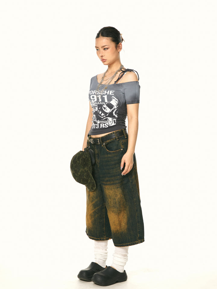 Off-Shoulder Graphic Crop Top