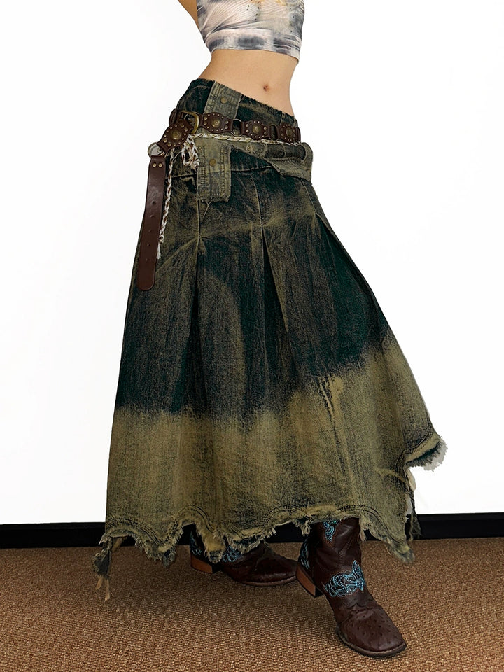 Distressed Raw Edge Denim Maxi Skirt