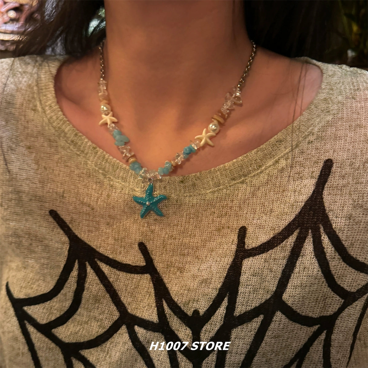 Seashell Starfish Beaded Pendant Necklace