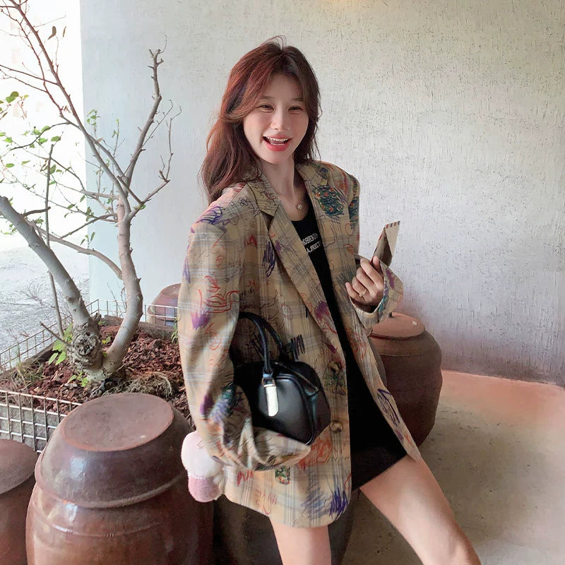 Graffiti Print Oversized Casual Suit Jacket