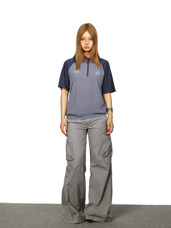 T-shirt de sport à demi-zip avec couture contrastée 