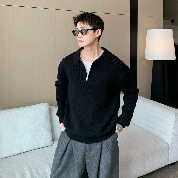 Sweter z dzianiny z kołnierzykiem polo na pół zamek 