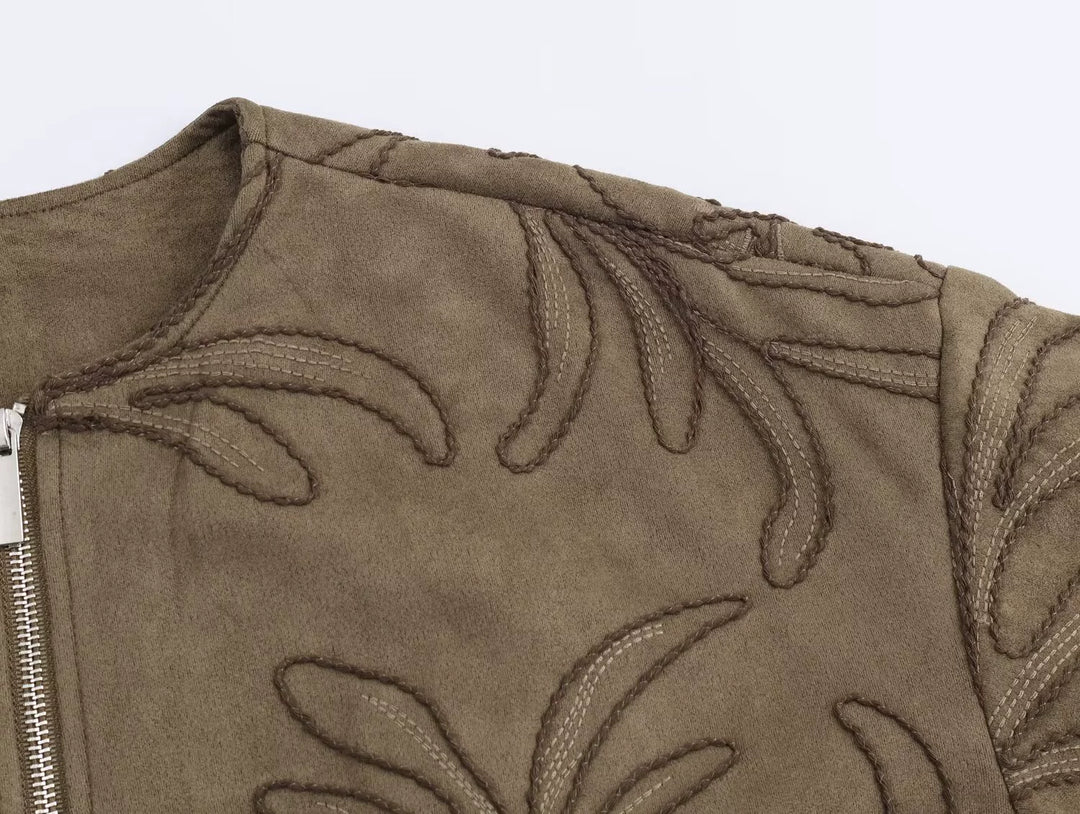 Suede Texture Embroidered Bomber Jacket