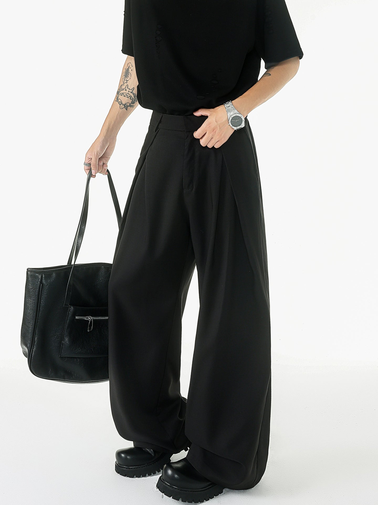 سروال بدلة A-Line مع طيات واسعة الساق 