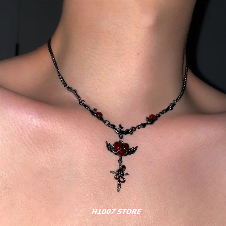 Gothic Winged Heart Choker Necklace